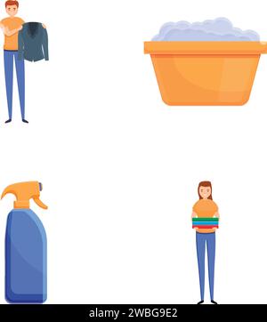 Wäscheservice-Symbole setzen Cartoon-Vektor. Saubere Kleidung in der Wäsche. Dienstleistungsbranche, Waschsalon Stock Vektor