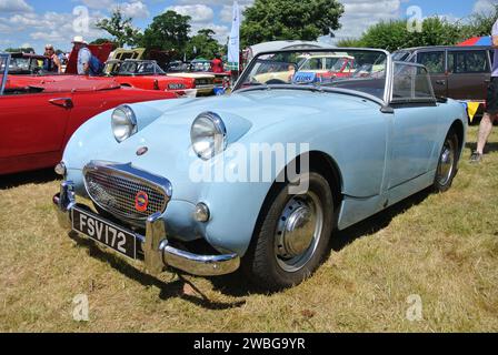 Ein Austin Healey Sprite aus dem Jahr 1960 parkte auf der 47th Historic Vehicle Gathering in Powderham, Devon, England, Großbritannien. Stockfoto