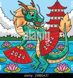 Jahr des Drachen mit 2024 Fans farbigen Cartoon Stock Vektor