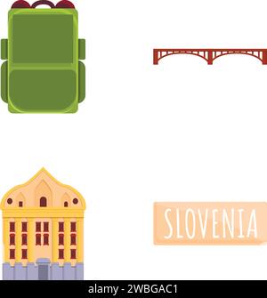 Slowenien Icons setzen Cartoon Vektor. Reiselement mit Natur und Architektur. Besuchen Sie slowenien Stock Vektor