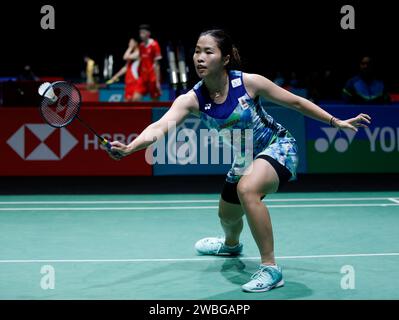 Kuala Lumpur, Malaysia. Januar 2024. Ratchanok Intanon aus Thailand spielt gegen Aya Ohori aus Japan (nicht abgebildet) während des Women's Single Round 32 Matches der Petronas Malaysia Open 2024 in der Axiata Arena. Ratchanok Intanon gewann mit Punkten; 21/21: 19/10. Quelle: SOPA Images Limited/Alamy Live News Stockfoto