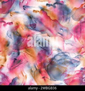 Abstrakte Aquarellfarbe mit flüssiger Fleckenfarbe luxuriöser Hintergrund. Handgezeichnet rosa, blau, orange flüssige Flecken, Spritzer nahtloses Muster. Aquarellstruktur. Drucken Stockfoto