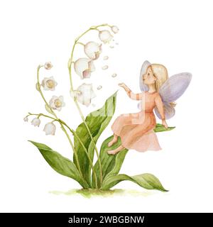 Lily of the Valley Fairy Illustration. Gartenmagische Märchen Clipart. Lily of the Valley – Aquarellmuster für Kinder. Niedliche Illustrationen Für Kinder Stockfoto