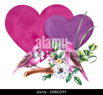 Aquarellstrauß zum Valentinstag mit Blumensträußen, Vögeln und Blumen isoliert auf weiß. Handgezeichnete Blumen, Vögel und Herzen für das Design Stockfoto