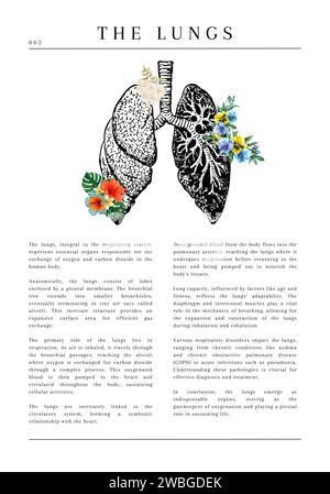 20 digitale anatomische medizinische Illustrationen mit Beschreibung und Blumen Stockfoto