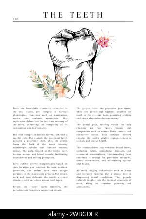 20 digitale anatomische medizinische Illustrationen mit Beschreibung und Blumen Stockfoto