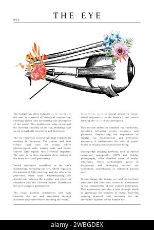 20 digitale anatomische medizinische Illustrationen mit Beschreibung und Blumen Stockfoto