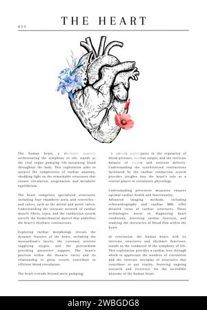 20 digitale anatomische medizinische Illustrationen mit Beschreibung und Blumen Stockfoto