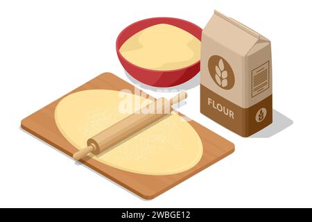 Isometrische Papiertüte mit Mehl und Teig, die mit einem Rollstift auf dem Tisch ausgerollt wurden. Bio-Mehl. Gesunde Ernährung und Ernährung. Mehl enthält Stock Vektor