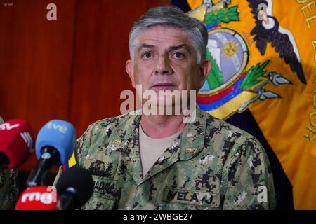 RUEDA DE PRENSA COMANDO CONJUNTO Quito 10 de enero 2024. Rueda de prensa de las Fuerzas Armadas y Policia Nacional A Cargo del jefe del comando conjunto Almirate Jaime Vela Erazo API / DANIEL MOLINEROS Quito Pichincha Ecuador CLJ-RUEDADEPRENSACOMANDOCONJUNTO-1626b54f0f4c751dbf9c267110cb0 2024 Pressekonferenz der Streitkräfte und der nationalen Polizei durch den Chef des gemeinsamen Kommandos Admiral Jaime Vela Erazo API DANIEL MOLINEROS Quito Pichincha Ecuador CLJ RUEDADEPRENSACOMANDOCONJUNTO 1626b54f0f8f4c751dbf9c267110cb0 Copyright: xDanielxMoli Stockfoto