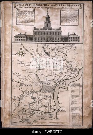 Karte von Philadelphia und Teile nebenan, mit perspektivischem Blick auf das State House. Die Karte aus der Mitte des 18. Jahrhunderts von Nicolas Scull und George Heap zeigt die Straßen, Kanäle und wichtigen Landbesitzer Philadelphias und seiner Umgebung. Stockfoto