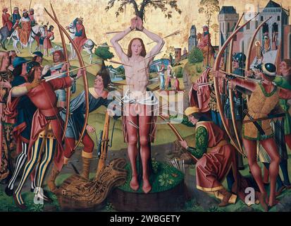 Das Martyrium von St. Sebastian ist auf einem deutschen Altar aus dem 15. Jahrhundert gemalt. Sebastian war Mitglied der römischen Prätorianergarde, die zum Christentum konvertierte. Er wurde mit Pfeilen durchgeschossen, starb aber nicht an diesen Wunden. Er wurde von Irene (später Saint Irene) betreut. Nach seiner Genesung ging er, um mit Kaiser Diokletian über seinen Glauben zu sprechen und wurde zu Tode geschlagen. Stockfoto