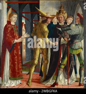 Ein Gemälde von Michael Pacher von Papst Sixtus II. Aus dem Jahr 1465, der von 257 bis 258 päpstlich war, verabschiedete sich vom hl. Laurentius von Rom. Er war der 24. Papst und ist auch als Papst Xystus II. Bekannt Er wurde nach nur 340 Tagen im Oval enthauptet, als Kaiser Valerian eine Reihe von Christenverfolgungen einleitete. Stockfoto