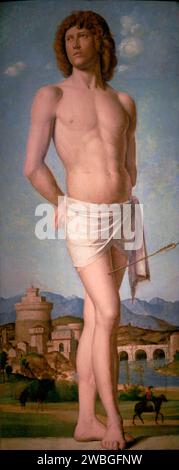 Das Martyrium von St. Sebastian gemalt von Giovanni Battista Cima da Conegliano im Jahre 1502. Sebastian war Mitglied der römischen Prätorianergarde, die zum Christentum konvertierte. Er wurde mit Pfeilen durchgeschossen, starb aber nicht an diesen Wunden. Er wurde von Irene (später Saint Irene) betreut. Nach seiner Genesung ging er, um mit Kaiser Diokletian über seinen Glauben zu sprechen und wurde zu Tode geschlagen. Stockfoto