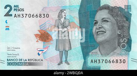 Kolumbianische Banknote zweitausend kolumbianische Pesos Bank der republik Kolumbien. Debora Arango Perez Stockfoto