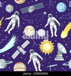 Nahtloses Muster mit Astronauten, Sternen, Planeten und Satelliten im Kosmos. Cartoondruck mit Raumelementen, Vektorillustration Stock Vektor