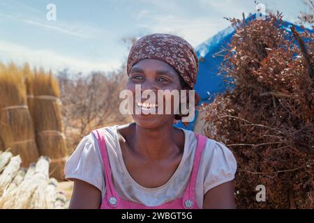 Lächelnde afrikanerin im Dorf, Hütte im Hintergrund, Arbeitslager, das Strohgras schneidet, Dorfleben. Stockfoto