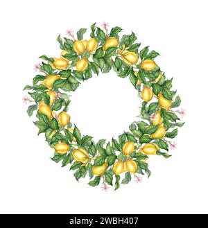 Aquarellillustration eines üppigen Kranzrahmens aus Reifen, gelben, saftigen Zitronen, Blumen und Knospen. Tropischer Kranz isoliert auf weißem Hintergrund. Deliciou Stockfoto