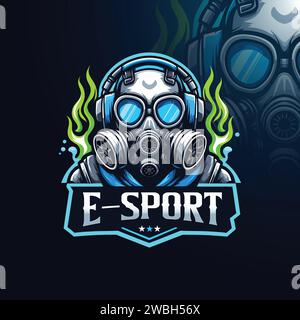 Maskottchen mit Gasmaske und Esport-Logo Stock Vektor