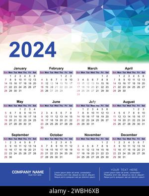 Kalendervorlage für das Quartal 2024. Wandkalenderraster in minimalistischem Stil. Die Woche beginnt am Montag. Stock Vektor