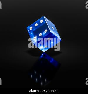 Ein durchscheinender Kunststoff-Würfel steht an seiner Kante. Stockfoto
