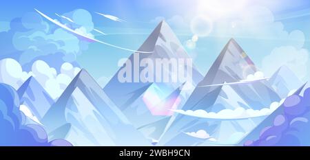 Gipfel hoher felsiger Berge über Wolken. Schneebedeckter Steinhügel über Dunst gegen blauen Himmel mit heller Sonne. Karikaturvektor-Illustration der Luftpanorama-Landschaft mit Felsenbefestigung und Sonnenlicht. Stock Vektor