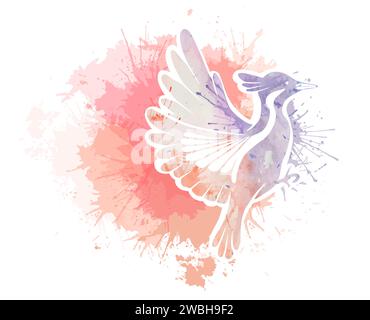 Vektorillustration eines stilisierten Vogels mit Aquarellspritzern auf weißem Hintergrund. Malerei der Silhouette eines fliegenden Vogels mit Farbsprays. Stock Vektor