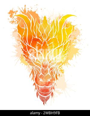 Vektorgelbes Aquarellbild eines Silhouettendrachen mit Spritzern auf weißem Hintergrund. Fantasy-Clipart von Silhouette Wyvern mit Farbsprays Stock Vektor