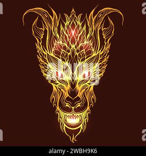 Vektorreiche Karte mit goldener Umrissdarstellung eines tosenden Drachen mit Funkeln auf dunklem Hintergrund. Luxuriöse Fantasy-Postkarte mit Silvester-Symbol Stock Vektor