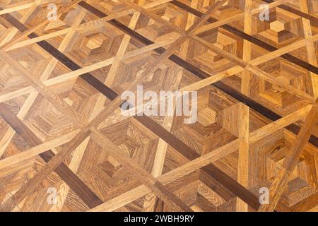 Luxuriöses Vintage-Parkett aus verschiedenen Holzarten mit geometrischem Muster. Hintergrundfoto Stockfoto