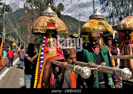 Götter in Palanquins, lokale Götter, lokale Devtas, lokale Gottheiten, Mega Festival, Dussehra Festivals, Dhalpur Ground, Kullu, Kulu, Himachal Pradesh, Indien, Asien, indische Festivals Stockfoto