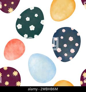 Nahtloses Muster mit bunten Ostereiern. Aquarell, für Ostermotive. Für verschiedene Anwendungen, einschließlich Textilien, Schreibwaren und Stockfoto