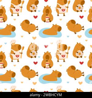 Nahtloses Muster. Niedliche Tier-Capybaras-Zeichen auf weißem Hintergrund. Vektorillustration für Design, Tapete, Verpackung, Textil. Kinderkollektion Stock Vektor