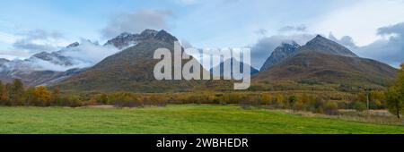 Steile Berge in den Lyngenalpen von Troms in Norwegen. Tiefe Gletschertäler mit herbstbunten Bäumen und felsigen Gipfeln im Herbst. Wundervolle, ruhige Natur Stockfoto