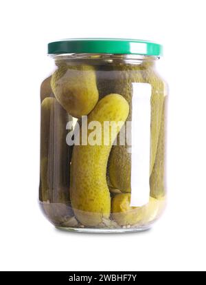 Ganze Gurken, eingelegte Gurken, in einem Glas. Knusprige Gurken, pasteurisiert und in Sole aus Essig, Salz, Senfsamen und Dill haltbar gemacht. Stockfoto