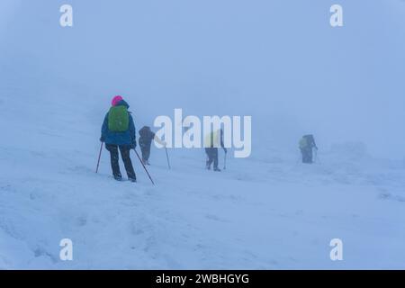 Wanderer in den Winterbergen. Extreme Winteraktivitäten im Freien, Winterabenteuer Stockfoto