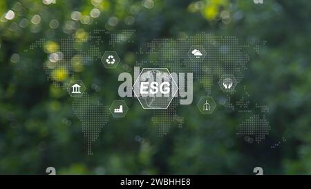 ESG, Environmental, Social and Governance Sustainable Industry of Business Global Warming Reduction Concept on Green background Stockfoto