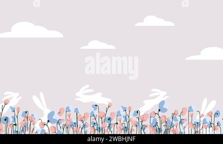 Osterhintergrund mit Frühlingsblumen und Kaninchen Stock Vektor