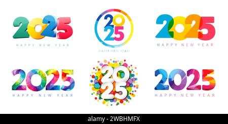 2025 farbenfrohe, große Logodesigns für das neue Jahr. Happy New Year Zahlen 3D, rund, Aquarell, Buntglas, farbiges Konfetti und Facette. Kalender Stock Vektor