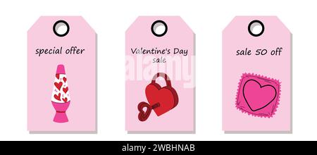 Vektorset mit Rabattpreismarken. Etiketten mit Vintage-Aufklebern. Konzept Valentinstag. Valentinstag-Angebot. Stock Vektor