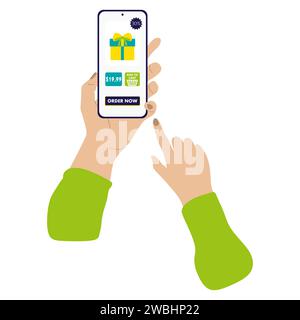 Hände halten Smartphone mit Geschenkkarton auf dem Bildschirm. Vector Flat Illustration mit Online-Kauf im App Store für Mobilgeräte, Bannerdesign. Zahlung und Sch Stock Vektor