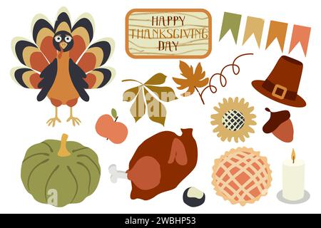 Thanksgiving Day Vektor Set von Herbstelementen mit gebratenem truthahn, Cartoon Kürbis, Essen, Mais, Wein, Kerzen, Pilgerhut, Kuchen. Alles Gute an Thanksgiving Stock Vektor