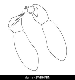 Strichzeichnung von Juwelierhänden mit Pinzette und Diamantringen. Handgezeichneter Vektor lineare Illustration isoliert auf weiß. Schmuckherstellungskonzept in Stock Vektor