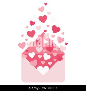 Umschlag mit Herzen, die aus ihm fliegen. Vektorgrafik im flachen Cartoon-Stil. Liebesbotschaft am Valentinstag, Vorlage Illustration für Grußkarte. 1 Stock Vektor