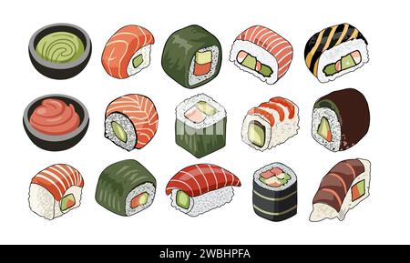 Elemente der japanischen Speisekarte, Brötchen, Sushi-Vektor. Stock Vektor