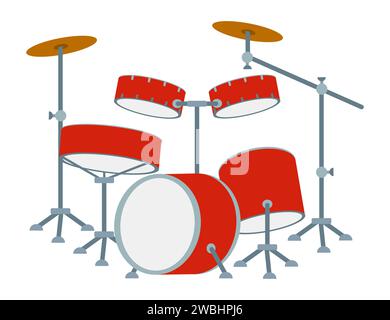 Rotes Trommelset-Vektordesign. Trommelkit flache Vektordarstellung isoliert auf weiß. Konzertinstallation mit Percussion Instruments Familie. Cartoo Stock Vektor