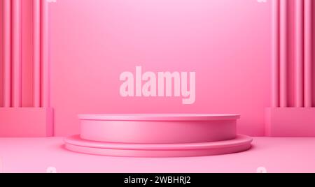 Pinkfarbene Podestbühne auf rosa Hintergrund. Valentinstag-Concept-Banner. Für Grußkarte, Logo, Verkauf, Produkt Stockfoto