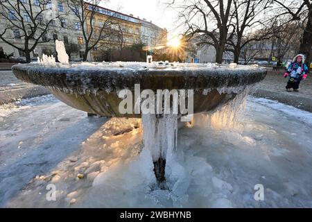 Brünn, Tschechische Republik. Januar 2024. Der Brunnen im Werk Obilni trh (hat Wasser) das ganze Jahr über, der Frost beschädigt ihn nicht in Brünn, Tschechische Republik, 11. Januar 2024. Quelle: Vaclav Salek/CTK Photo/Alamy Live News Stockfoto