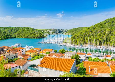 Luftaufnahme der Altstadt von Skradin in Dalmatien, Kroatien Stockfoto