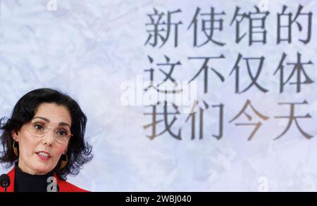 Peking, China. Januar 2024. Außenministerin Hadja Lahbib hält eine Rede bei der Eröffnung der neuen Botschaft in Belgien in Peking, China, Donnerstag, den 11. Januar 2024. Lahbib und de Croo besuchen die Volksrepublik China offiziell (10.-13.01). BELGA FOTO BENOIT DOPPAGNE Credit: Belga News Agency/Alamy Live News Stockfoto